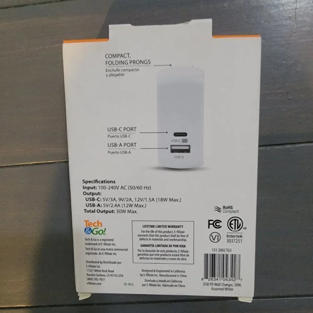 Tech & Go USB PD Wall Charger 30W, 2-Port, USB & USB-C - White